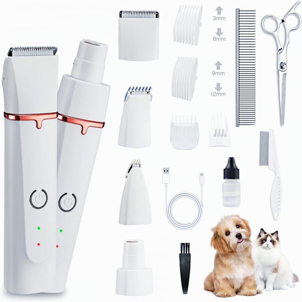4-in-1 Pet Grooming Kit For Small Dogs & Cats – Quiet Clippers & Nail Grinder, Waterproof, Cordless, USB-C
