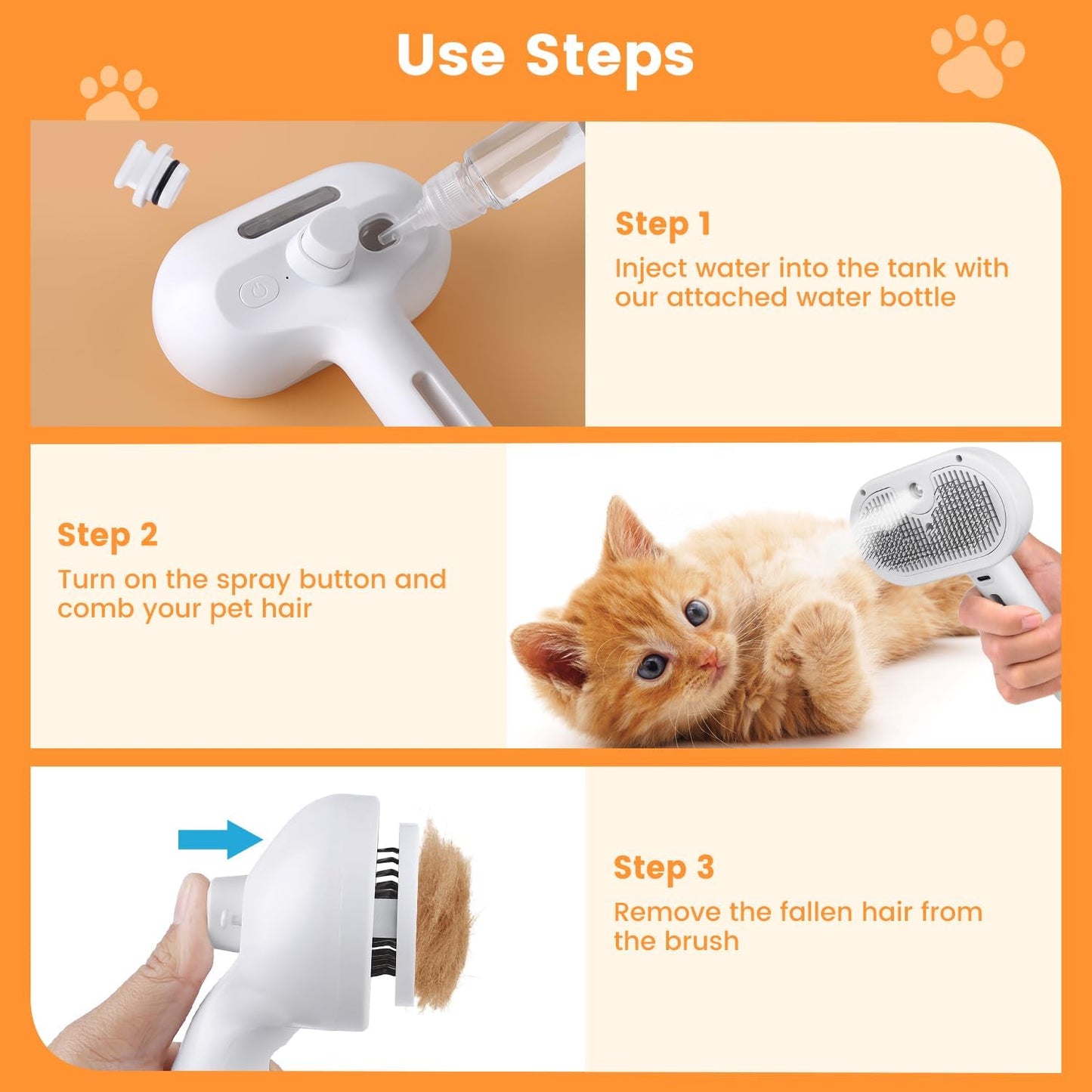 Electric Cat Steam Brush – 3-in-1 Pet Grooming Comb with Water Spray for Cats and Dogs, USB Rechargeable