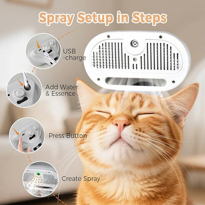 Electric Cat Steam Brush – 3-in-1 Pet Grooming Comb with Water Spray for Cats and Dogs, USB Rechargeable