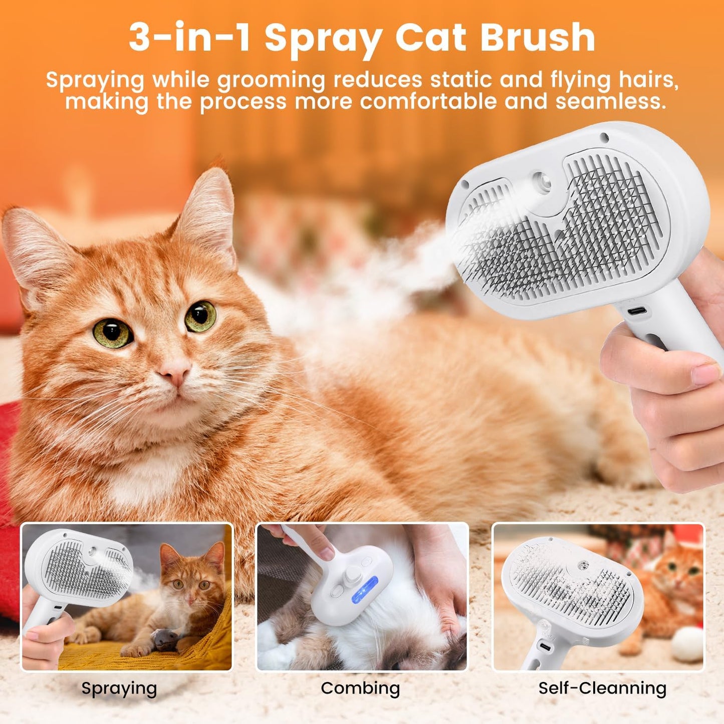 Electric Cat Steam Brush – 3-in-1 Pet Grooming Comb with Water Spray for Cats and Dogs, USB Rechargeable