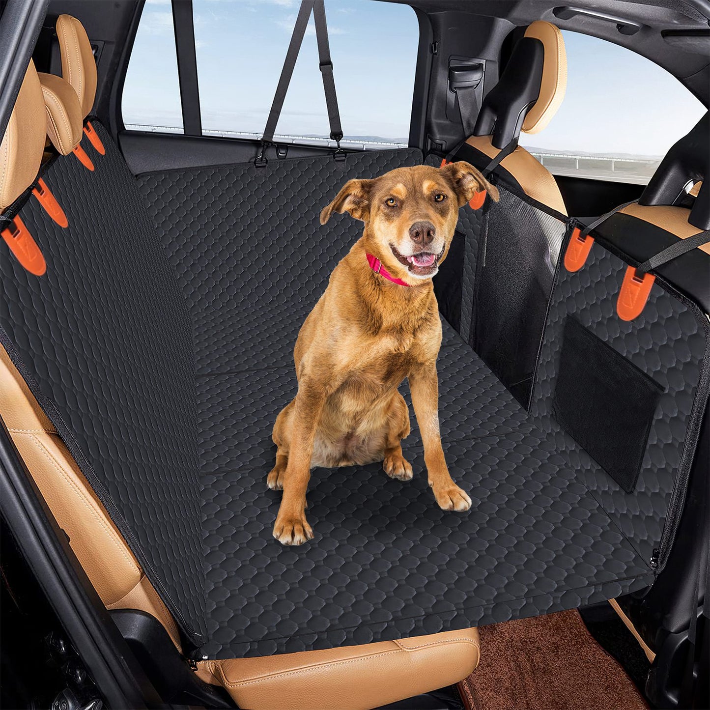 Dog Car Back Seat Cover – Waterproof, Mesh Window & Side Flaps